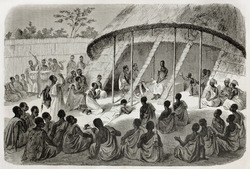 Old illustration of  Mtesa, King of Uganda, listening people's  requests. Created by Bayard, Hotelin and Hurel, published on Le Tour du Monde, Paris, 1864