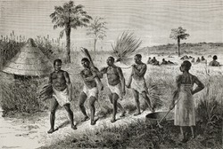 Old illustration of slaves in Unyamwezi region, Tanzania. Created by Bayard, published on Le Tour du Monde, Paris, 1864