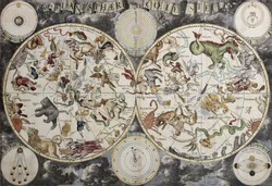 Old sky map depicting boreal and austral hemispheres with constellations and zodiac signs. Created by Frederick De Wit, Amsterdam 1680