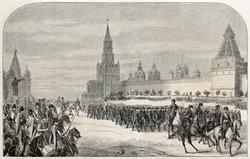 Old illustration of Russian Imperial's family Chasseurs parade in front of Moscow Kremlin. Created by Sorieul, published on L'Illustration Journal Universel, Paris, 1857