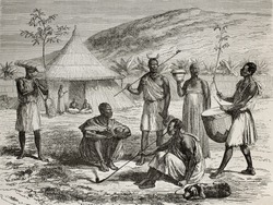 Old illustration of Ugandan boss and his living context. Created by Durand and Bertrand, published on Le Tour du Monde, Paris, 1864