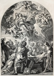 Old engraved reproduction of the Assumption of Mary, by Rubens. Engraved by Jourdain, published on L'Illustration, Journal Universel, Paris, 1857