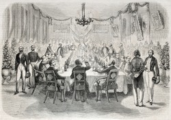 Old illustration of a banquet in Batavia offered by French consul. Created by Engelu, published on L'Illustration, Journal Universel, Paris, 1857