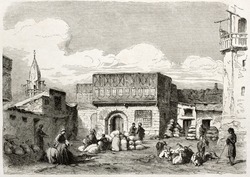 Suez, corn marketplace old illustration. Created by Lejean, published on Le Tour du Monde, Paris, 1860