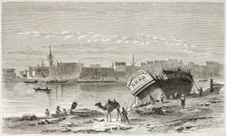 Suez port old view. Created by Girardet after Lejean, published on Le Tour du Monde, Paris, 1860
