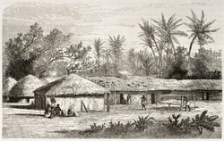 Kaouele village old view, Tanzania. Created by Lavieille after Burton, published on Le Tour du Monde, Paris, 1860.