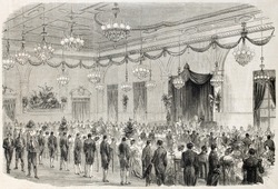 Banquet in the city hall of Lyon, France, old illustration. Created by Godefroy and Hernault, published on L'Illustration, Journal Universel, Paris, 1860