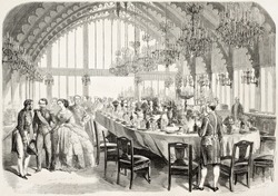 Banquet in honour of Napoleon III and empress Eugenie in Brest prefecture, old illustration. Created by Worms after photo of Bernier, published on L'Illustration, Journal Universel, Paris, 1858