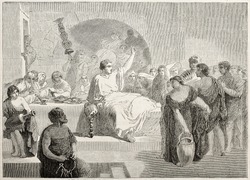 Roman addressing people during dinner. Created by Levy, published on L'Illustration, Journal Universel, Paris, 1858