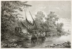 Tapuyas natives waiting high tide in Amazon river. Created by Riou, published on Le Tour du Monde, Paris, 1867