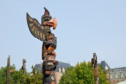 On Vancouver Island, British Columbia, a group of Totem poles made by indigenous people is found near the inner harbor in Victoria. 
