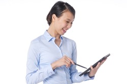 businesswoman in blue shirt, drawing on pc tablet
 isolated on white

