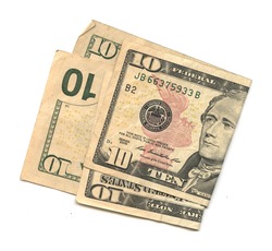 Two $10 Bills (US dollars) on white background