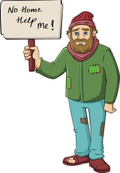 Cartoon vector illustration of a homeless man with sign