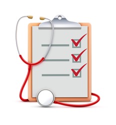 Vector illustration of healthcare concept with cool check list on clipboard and red stethoscope