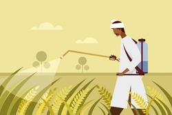 Illustration of an Indian farmer spraying pesticide in the agricultural field