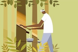 Illustration of a farmer tapping the latex  from the rubber tree 