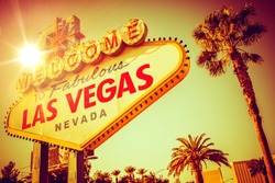 World Famous Las Vegas Nevada. Vegas Strip Entrance Sign in 80s Vintage Color Grading. United States of America.