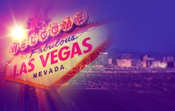 Las Vegas Concept Photo Collage. One Night in Vegas with Vegas Welcome Sign and Strip Panorama.