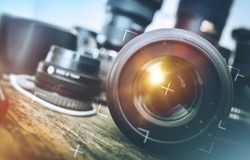 Professional Photography Equipment. Professional Photographer Work Kit. Photo Lenses. 