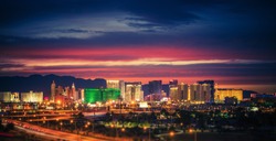 City of Las Vegas Skyline at Scenic Dusk. Colorful Lights of the World Famous Sin City. Nevada, United States.
