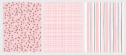 Hand Drawn Childish Style Vector Pattern Set. Pink and Black Vertical Stripe on a White Background. White Grid On a Pink Backround. White and Black Dots on a Pink Background. Cute Simple Design.
