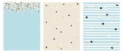 Set of 3 Varius Abstract Vector Layouts. Beige, White and Black Falling Confetti. Blue Background. Triangles Pattern. Beige Background. White Stripes with Beige and Black Dots Pattern.Blue Background