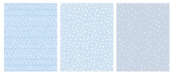 Abstract Hand Drawn Infantile Style Geometric Vector Pattern Set. White Waves, Arches and Dots Isolated on a Various Blue Backgrounds. Simple Irregular Repeatable Geometric Vector Pattern.