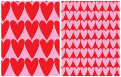 Cute Hand Drawn Heart Seamless Vector Pattern. Red Hearts Isolated on a Light Pink Background. Tiny Pink Heart on a Red Layout. Funny Infantile Style Romantic Print for Fabric, Textile, Valentines.
