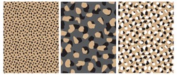 Abstract Leopard Skin Seamless Vector Patterns. White, Brown and Black Irregular Brush Spots on a Gray and Gold Backgrounds.  Abstract Wild Animal Skin Print. Simple Irregular Geometric Design.