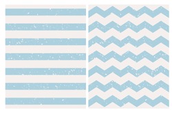Pastel Blue Grunge Seamless Geometric Vector Patterns. Light Blue Stripes and Chevron Isolated on a Off-White Background. Simple Cracked Print. Cute Zigzags Backdrop. Striped Repeatable Background. 