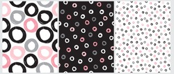 Cute Abstract Geometric Seamless Vector Pattern. White, Pink, Gray and Black Irregular Brush Circles Isolated on a Black and White Backgrounds. Funny Doodle Print. simple Dotted Repeatable Design.