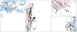Abstract Geometric Layouts. Irregular Handmade Black Splashes and Blue and Pale Dusty Pink Daubs on a White Background. Funny Simple Creative Design. Infantile Style Expressive Painting.