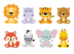Cute wild animals set including lion, tiger, hippo, bear, fox, zebra, giraffe, and elephant. Safari jungle animals vector. Woodland animal illustration.