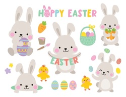 Cute grey Easter bunny rabbits with baby chicks and Easter eggs vector illustration.