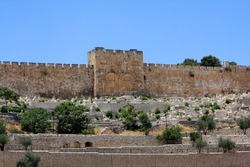 View of Golden gates in Jerusalem's Old City Walls, garden and ancient cemetery, Israel