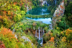 Scenic autumn landscape with lakes and waterfall in Plitvice Lakes National Park, Croatia