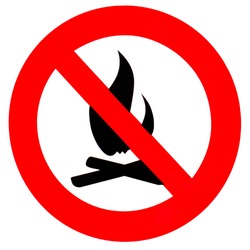 Red and black round fire ban sign symbol isolated on white, no camp fires, open fire prohibited