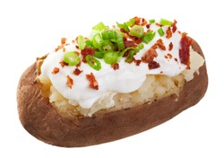 A baked potato loaded with sour cream, bacon bits, and chives.  Shot on white background.