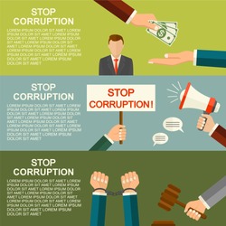 Vector stop corruption concept. Handcuffs on hands. Hand giving money during business corrupt deal. Bribery vector. Anti corruption icon. 