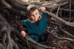 Cute little boy dressed as a knight playing in the woods 