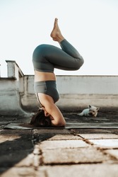 Relaxed woman practicing yoga headstand on a rooftop terrace.