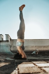 Relaxed woman practicing yoga headstand on a rooftop terrace at sunset.
