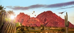 Travel scene of activities in Phoenix or Scottsdale, Arizona USA with Camelback mountain landmark. Horizontal web banner