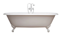 Beautiful classic style white claw foot bathtub with stainless steel old fashioned faucet and sprayer. Isolated on white. 