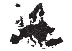 Simple plain political map of Europe, vector illustration. European countries with country borders. Monochrome background or element for your design.