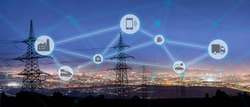 High power electricity poles connected to smart grid. Energy supply, distribution of energy, transmitting energy, energy transmission, high voltage supply concept photo, smart grid, smart home