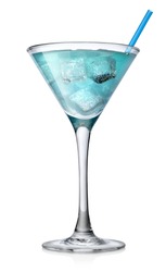 Blue cocktail in a glass isolated on a white background