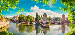 Panorama of Covered Bridges and river Ill in Strasbourg