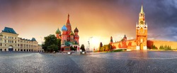Panorama in Moscow at sunrise, Red square with saint Basil in Russia